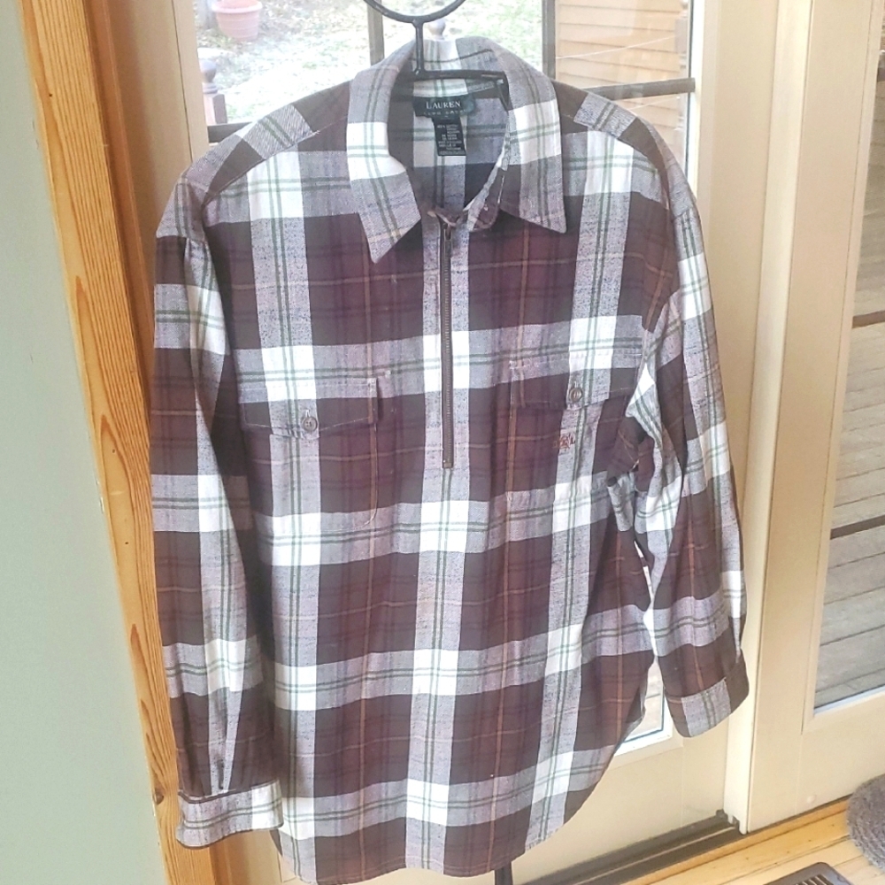 Lauren Ralph‎ Lauren Brown Plaid Flannel LS 1/4 Zip Pullover Sz. L Shirt